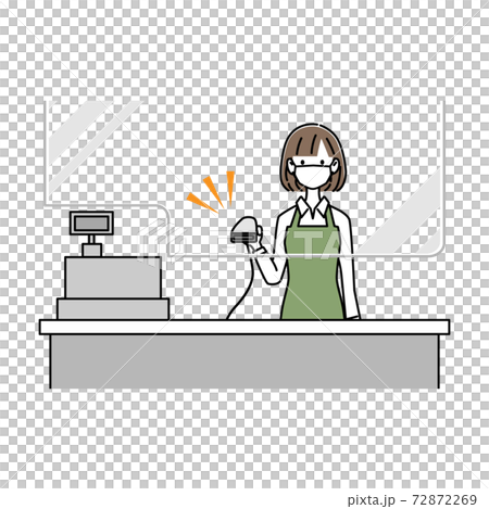 感染症対策をしている女性レジ店員がバーコードリーダーを持っている 72872269