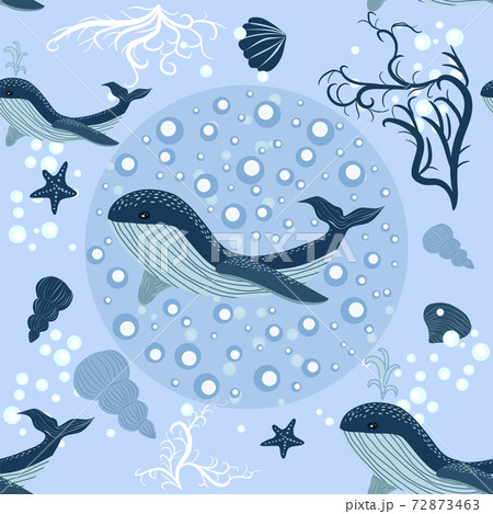 seamless pattern with underwater animals, seaweed and corals. Repeated texture with sea cartoon characters. 72873463