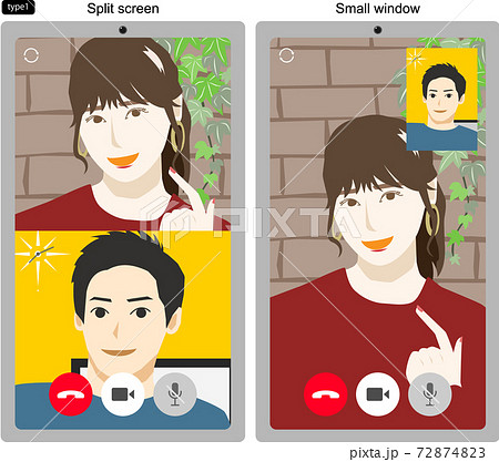 ビデオ通話する若い男女2人のスマホ画面のイラスト1 線なし 2パターンのイラスト素材