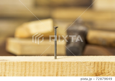 Close-up of a single nail stuck in a wooden board Close-up of a single nail stuck in a wooden board 72879649