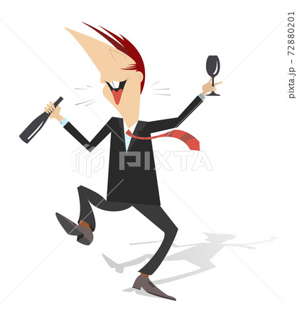 Dancing smiling man with bottle of wine and footed tumbler isolated on white illustration 72880201