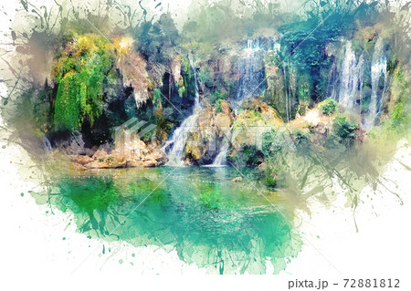 Watercolor drawing. Kravice Falls near the city of Mostar. Bosnia and Herzegovina 72881812