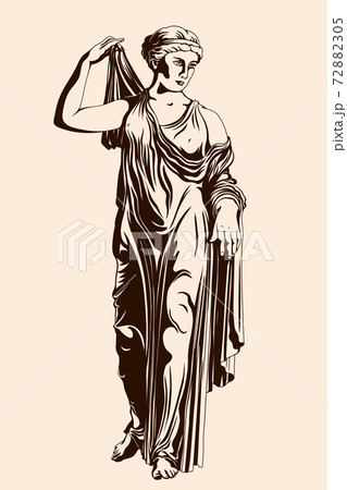 An ancient Greek woman stands and puts on a dress. Figure isolated on beige background. 72882305