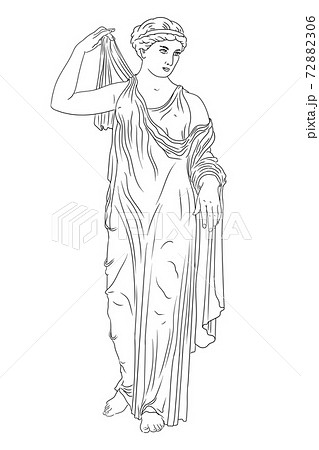 An ancient Greek woman stands and puts on a dress. Figure isolated on beige background. 72882306