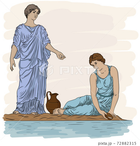 Two ancient Greek Woman sits on a chairs and drinks wine from a jug. Figure isolated on white background. 72882315