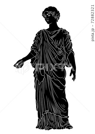 An ancient Greek young woman in a tunic and cape stands looks away and gestures. An ancient Greek young woman in a tunic and cape stands looks away and gestures. 72882321