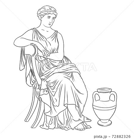 Ancient Greek Woman sits on a chair near a jug of wine. Figure isolated on white background. 72882326