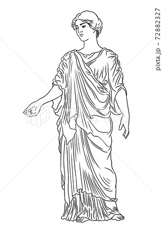 An ancient Greek young woman in a tunic and cape stands looks away and gestures. Figure isolated on white background. 72882327