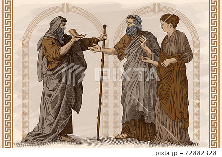 Antique fresco, a scene from the life of ancient Greece. Two old men and a young slender woman are standing, talking and drinking wine from the horn. Antique fresco, a scene from the life of ancient Greece. Two old men and a young slender woman are standing, talking and drinking wine from the horn. 72882328