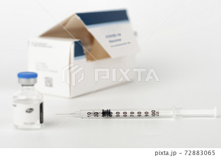 Medical concept, syringe with needle, vial and paper box with Covid-19 Vaccines 72883065