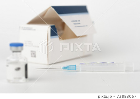 Medical concept, syringe with needle, vial and paper box with Covid-19 Vaccines 72883067
