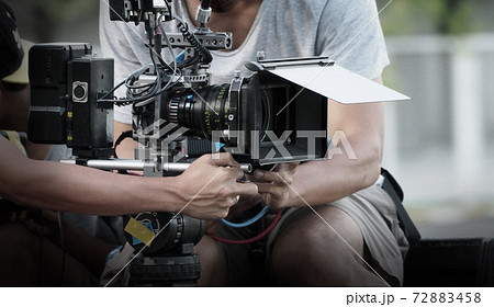 Film industry. Filming with professional camera. Videographer holding 4k cam on dslr rig or gimbal stabilizer set. Pro equipment helps to make videos without shaking. video production. 72883458