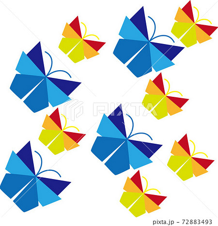 青色と黄色の幾何学模様で作られた蝶が複数飛んでいるセットイラストのイラスト素材