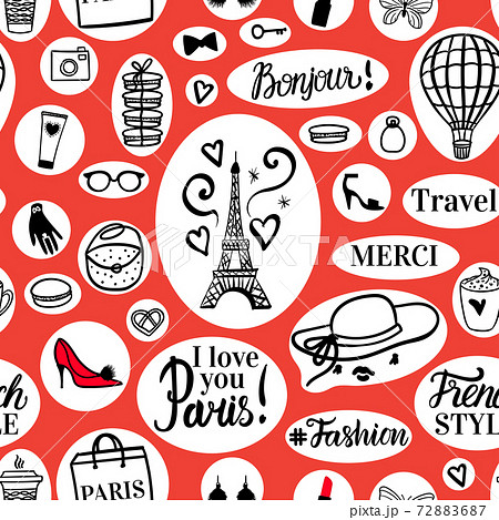 Paris seamless pattern Hand drawn black fashion illustrations Eiffel Tower and french style elements. Vector Travel surface design. Stickers on red background. 72883687