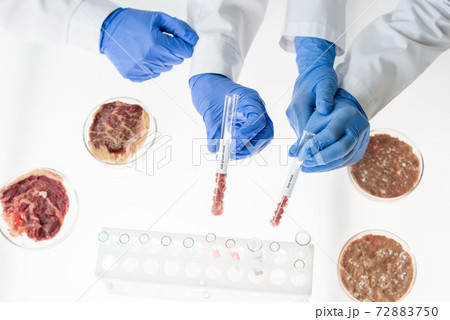 Gloved hands of colleagues holding flasks with samples of raw vegetable meat Gloved hands of colleagues holding flasks with samples of raw vegetable meat 72883750