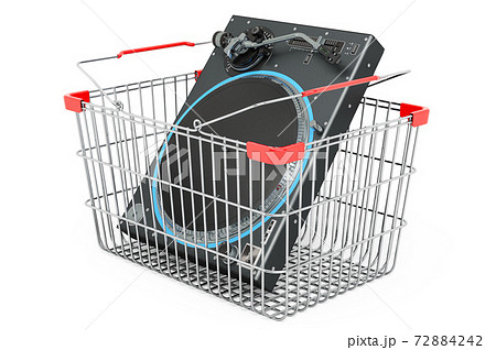 Shopping basket with phonograph turntable, 3D rendering Shopping basket with phonograph turntable, 3D rendering 72884242