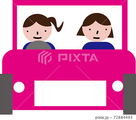 女友達2人でピンクの車に乗ってドライブしようとしているイラストのイラスト素材