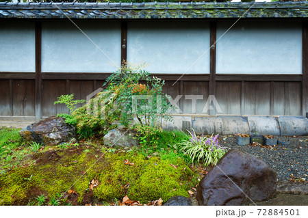 小雨降る庭園と塀　渉成園　ヤブラン 72884501