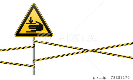 Caution, hands may be injured. Warning sign safety. Attention is dangerous. Yellow triangle with black image. Sign on the pole and protecting ribbons. Vector illustrations. Caution, hands may be injured. Warning sign safety. Attention is dangerous. Yellow triangle with black image. Sign on the pole and protecting ribbons. Vector illustrations. 72885176