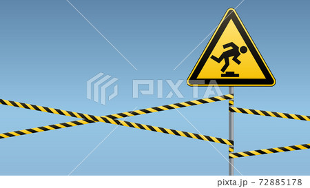 Caution, low-noticeable obstacle. Safety sign. Yellow triangle with black image on the pole and protecting ribbons. Sky background. Vector illustrations. 72885178