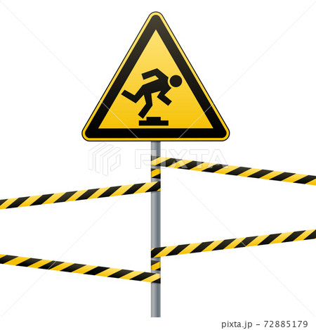 Caution, low-noticeable obstacle. Safety sign. Yellow triangle with black image on the pole and protecting ribbons. Vector illustrations. 72885179