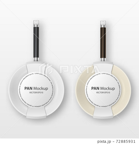 Vector 3d Realistic White and Beige Empty Frying Pan with Paper Label Set Closeup Isolated on White Background. Design Template for Mockup. Top View 72885931