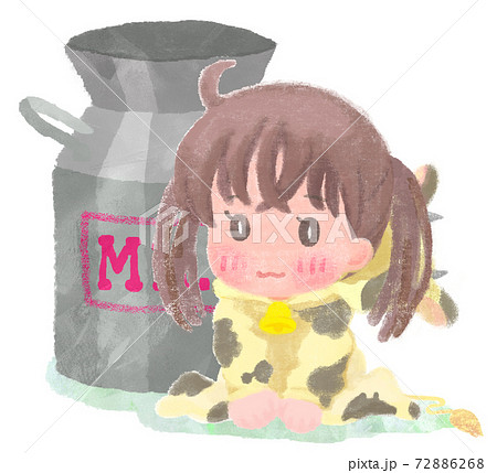 牛の着ぐるみを着た女の子と牛乳缶のイラストのイラスト素材