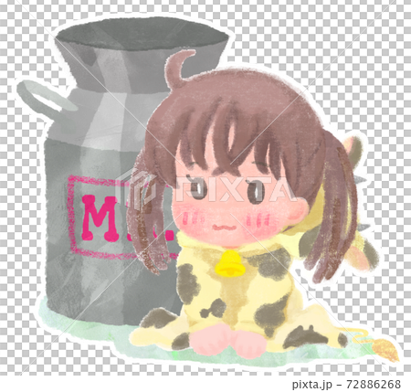 牛の着ぐるみを着た女の子と牛乳缶のイラストのイラスト素材