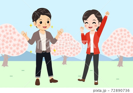 Young men and women in front of Sakura in spring Young men and women in front of Sakura in spring 72890736