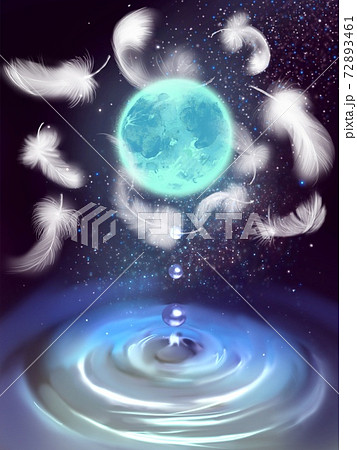 宇宙で舞う白い天使の羽と水の惑星に溶け込む水滴の不思議なイラストのイラスト素材