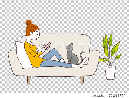 ベクターイラスト素材 ソファーでスマホを使う女性のイラスト素材