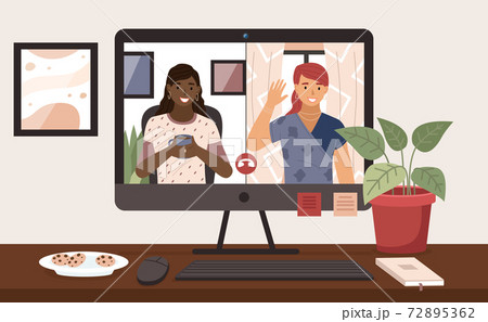 Virtual meeting on the Internet. Girls comunicate on computer screen. Home office in quarantine time Virtual meeting on the Internet. Girls comunicate on computer screen. Home office in quarantine time 72895362