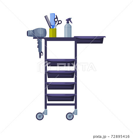 Table on Wheels with Shelves, Hairdresser Workplace Element, Beauty Salon, Barber Shop Design Cartoon Style Vector Illustration 72895416