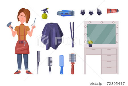 Professional Bearded Woman Hairdresser with Professional Tools Set, Barber Supplies for Styling Haircut, Hairdressing Salon, Hair Studio Service Design Vector Illustration 72895457