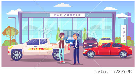 Car center, showroom with different modern automobiles, man seller manager giving keys to owner 72895590