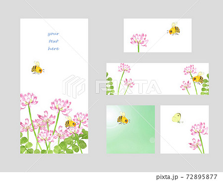 レンゲの花とミツバチ 蝶々のフレームセットのイラスト素材
