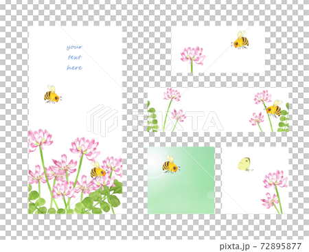 レンゲの花とミツバチ 蝶々のフレームセットのイラスト素材