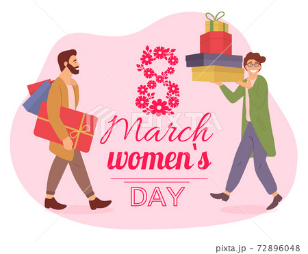 Men are prepairing for International Women s Day. Guys to boxes with gifts before the holiday 72896048