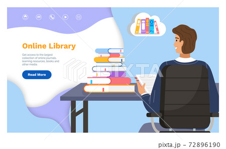 Online library landing page template with a man student at a table with stack of books back view 72896190