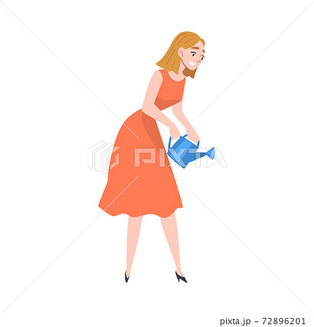 Woman Watering Tree and Plants in the Garden Vector Illustration 72896201