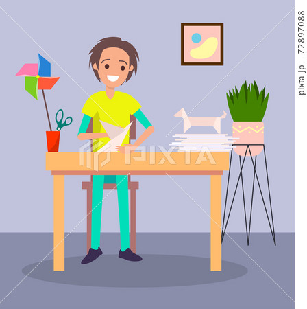 The boy makes paper figures. The art of origami. Creative hobby. Stay home. Flat vector image The boy makes paper figures. The art of origami. Creative hobby. Stay home. Flat vector image 72897088