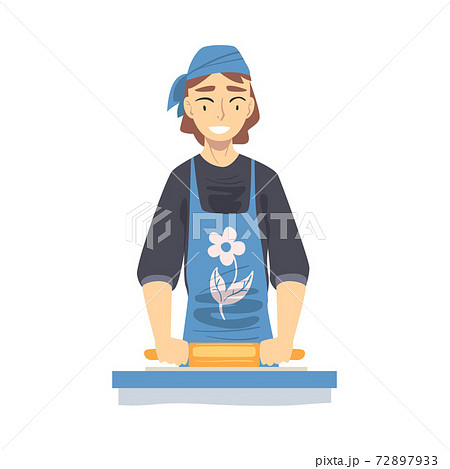 Woman in Apron Cooking in the Kitchen, Person Rolling out the Dough with Pin Cartoon Style Vector Illustration Woman in Apron Cooking in the Kitchen, Person Rolling out the Dough with Pin Cartoon Style Vector Illustration 72897933