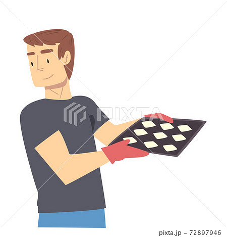 Young Man Cooking Pastries in the Kitchen, Guy Holding Tray with Buns Cartoon Style Vector Illustration Young Man Cooking Pastries in the Kitchen, Guy Holding Tray with Buns Cartoon Style Vector Illustration 72897946