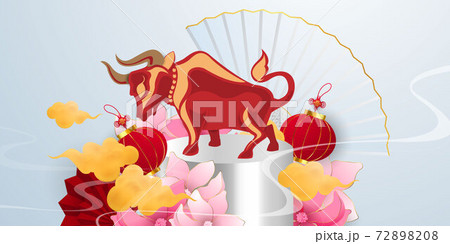 .Happy new year chinese new year 2021 year of the ox red paper cut cow characters and craft style asian elements on background 72898208