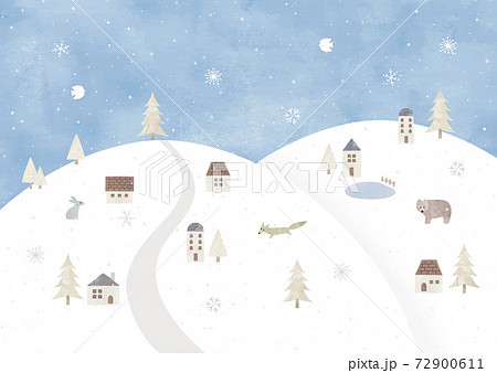 雪山の冬の村の景色水彩のイラスト素材