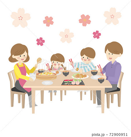 ひな祭りの日にちらし寿司を食べる家族のイラスト素材