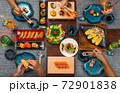 Top angle shot of a table with Japanese cuisine: inari sushi set 72901838