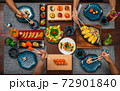 Top angle shot of a table with Japanese cuisine: inari sushi set 72901840