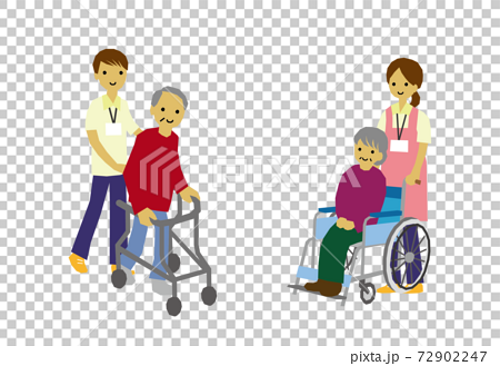 介護イメージ 車椅子や歩行器を使う高齢者をサポートする介護スタッフのイラスト素材