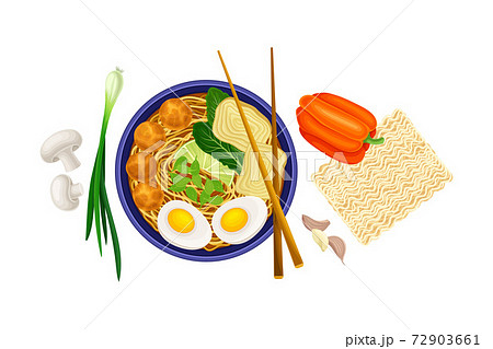 Asian Savoury Soup with Noodles and Mushrooms in Bowl with Chopsticks Above View Vector Illustration Asian Savoury Soup with Noodles and Mushrooms in Bowl with Chopsticks Above View Vector Illustration 72903661